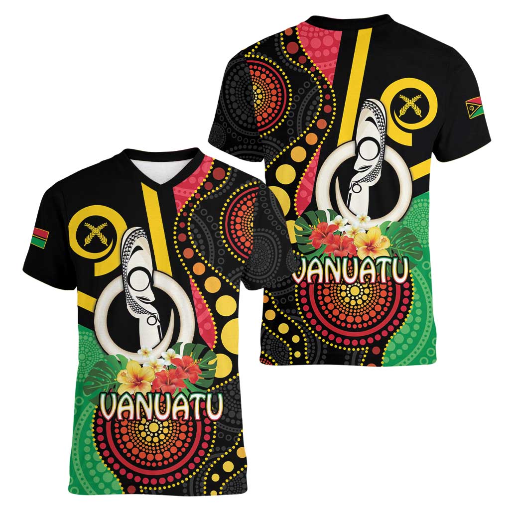 Tamtam Drum Vanuatu Women V-Neck T-Shirt Boar Tusk Aboriginal Flag Style LT14 - Polynesian Pride