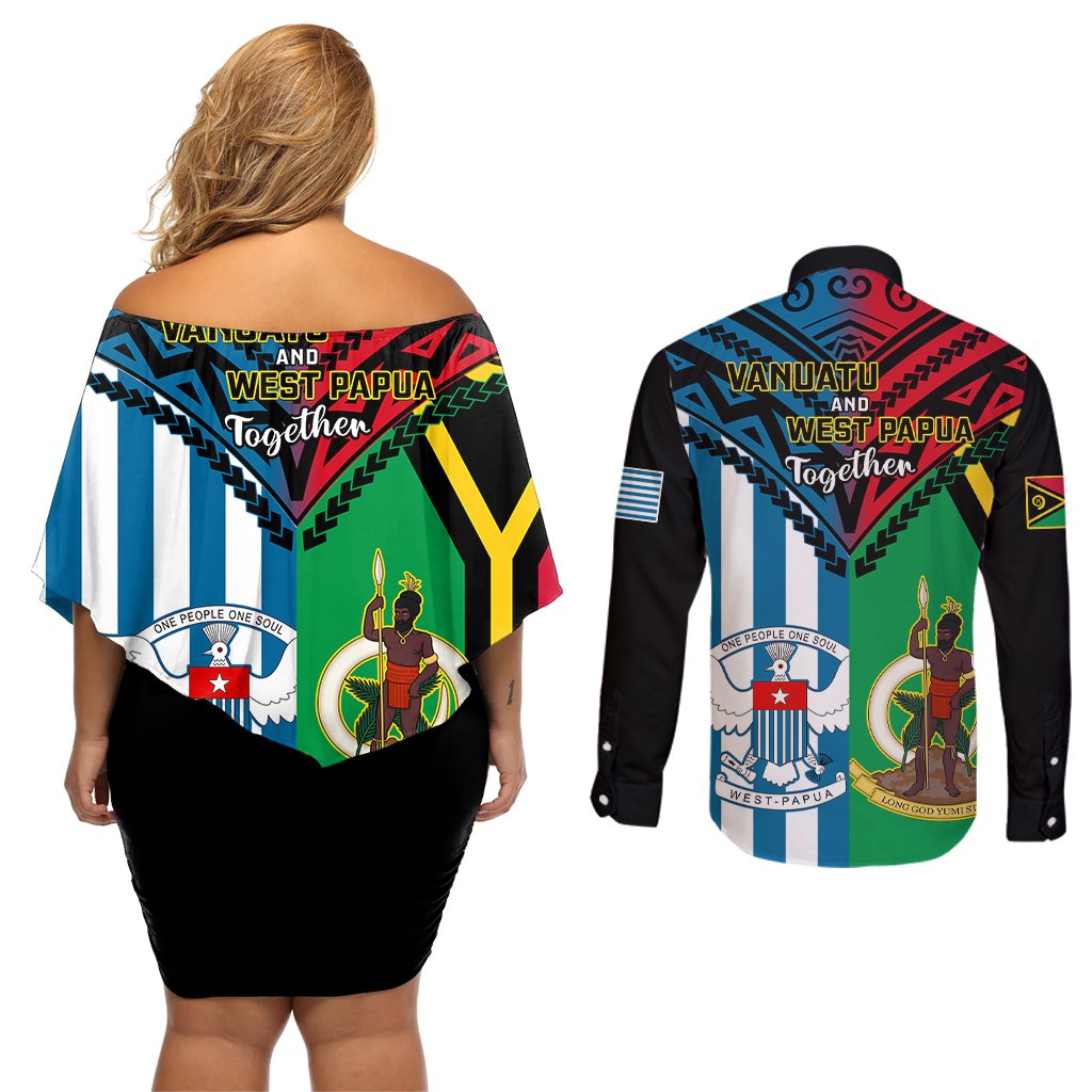 Vanuatu And West Papua Couples Matching Off Shoulder Short Dress and Long Sleeve Button Shirts Coat Of Arms Mix Flag Style LT14 - Polynesian Pride