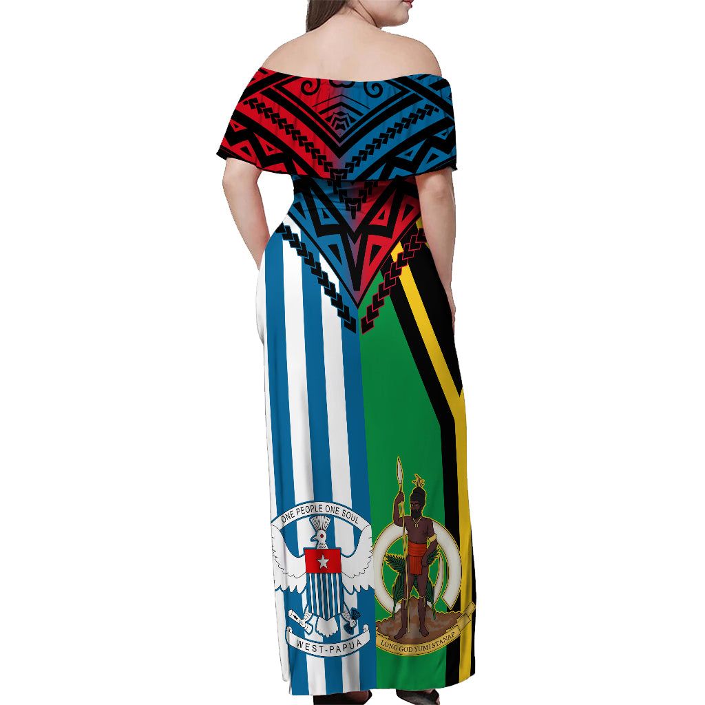 Vanuatu And West Papua Off Shoulder Maxi Dress Coat Of Arms Mix Flag Style LT14 - Polynesian Pride