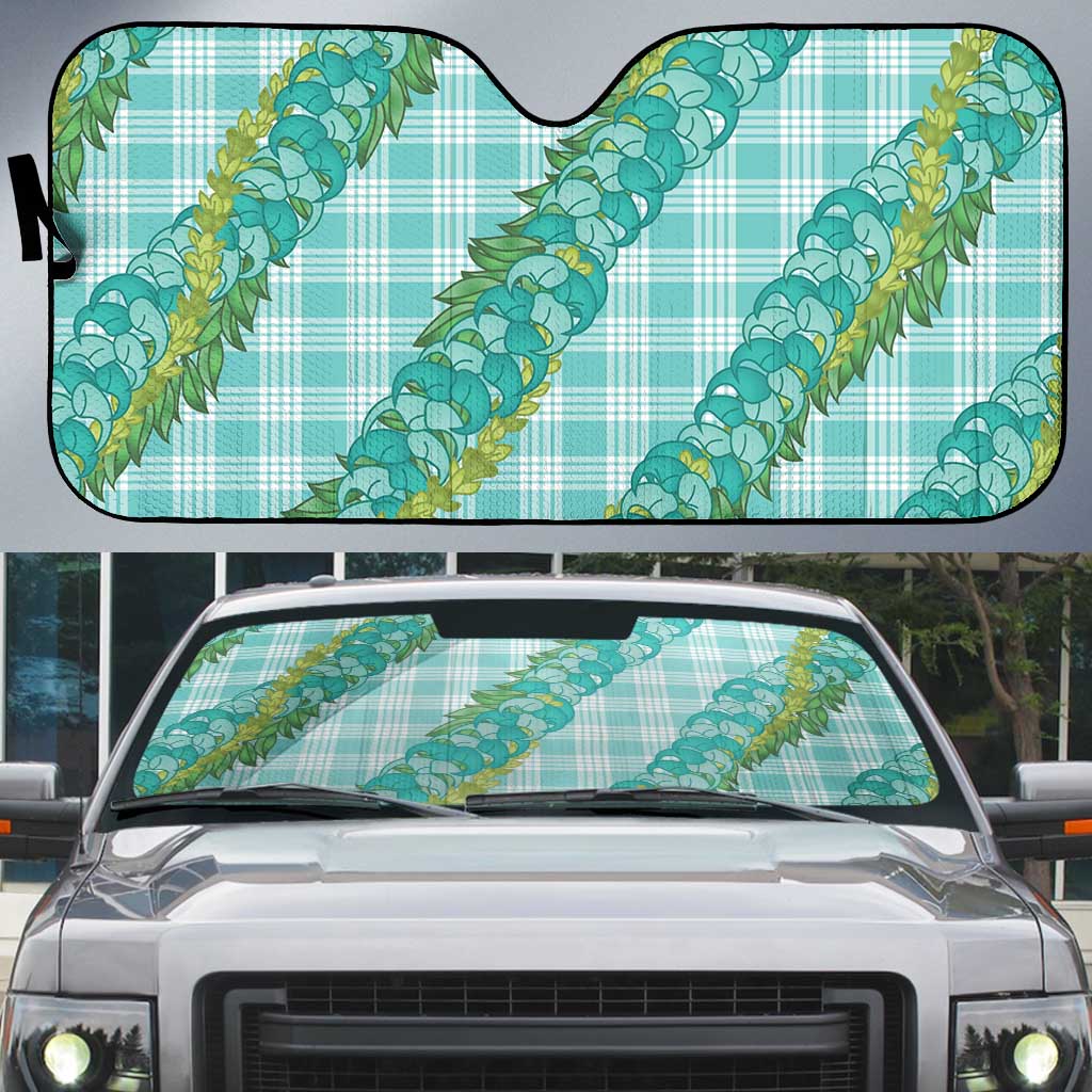 Hawaii Jade Vine Lei Auto Sun Shade Aloha Palaka Motif - Turquoise - Polynesian Pride
