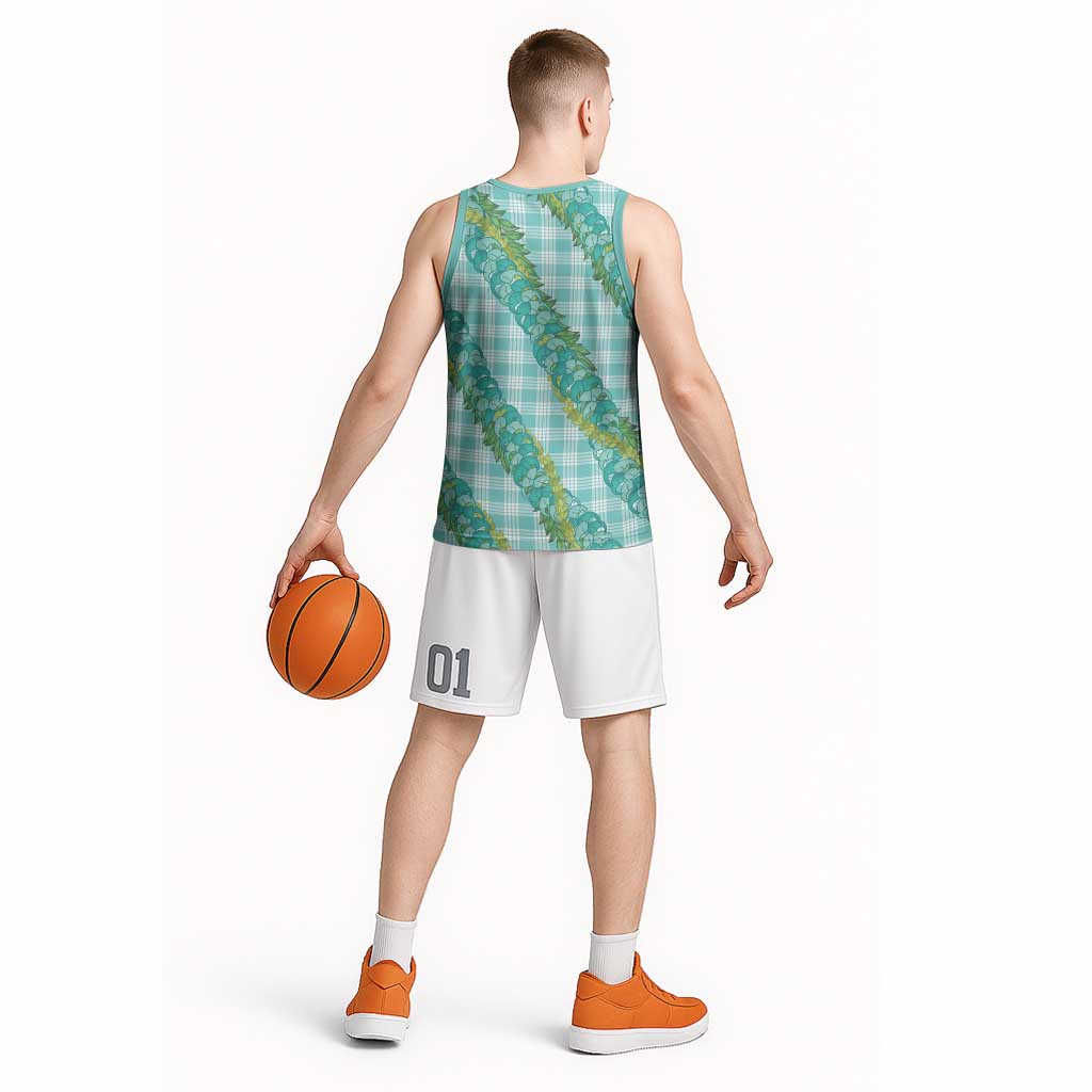 Hawaii Jade Vine Lei Basketball Jersey Aloha Palaka Motif - Turquoise - Polynesian Pride