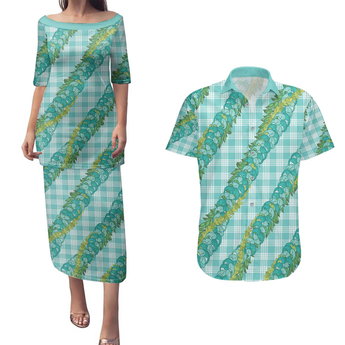 Hawaii Jade Vine Lei Couples Matching Puletasi and Hawaiian Shirt Aloha Palaka Motif - Turquoise - Polynesian Pride
