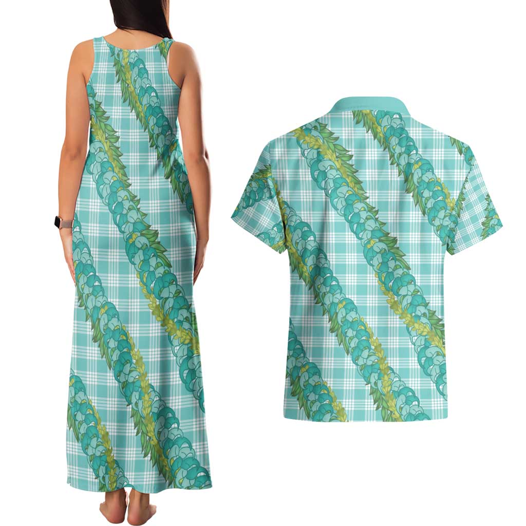 Hawaii Jade Vine Lei Couples Matching Tank Maxi Dress and Hawaiian Shirt Aloha Palaka Motif - Turquoise - Polynesian Pride