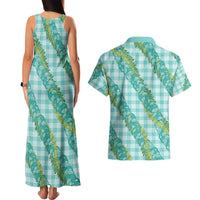 Hawaii Jade Vine Lei Couples Matching Tank Maxi Dress and Hawaiian Shirt Aloha Palaka Motif - Turquoise - Polynesian Pride