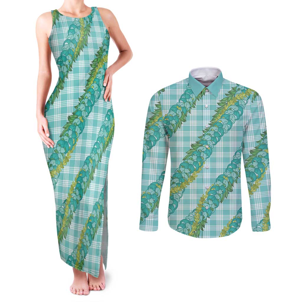 Hawaii Jade Vine Lei Couples Matching Tank Maxi Dress and Long Sleeve Button Shirt Aloha Palaka Motif - Turquoise - Polynesian Pride