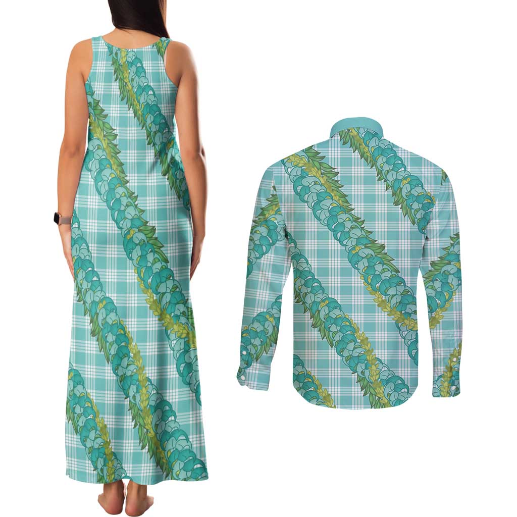 Hawaii Jade Vine Lei Couples Matching Tank Maxi Dress and Long Sleeve Button Shirt Aloha Palaka Motif - Turquoise - Polynesian Pride