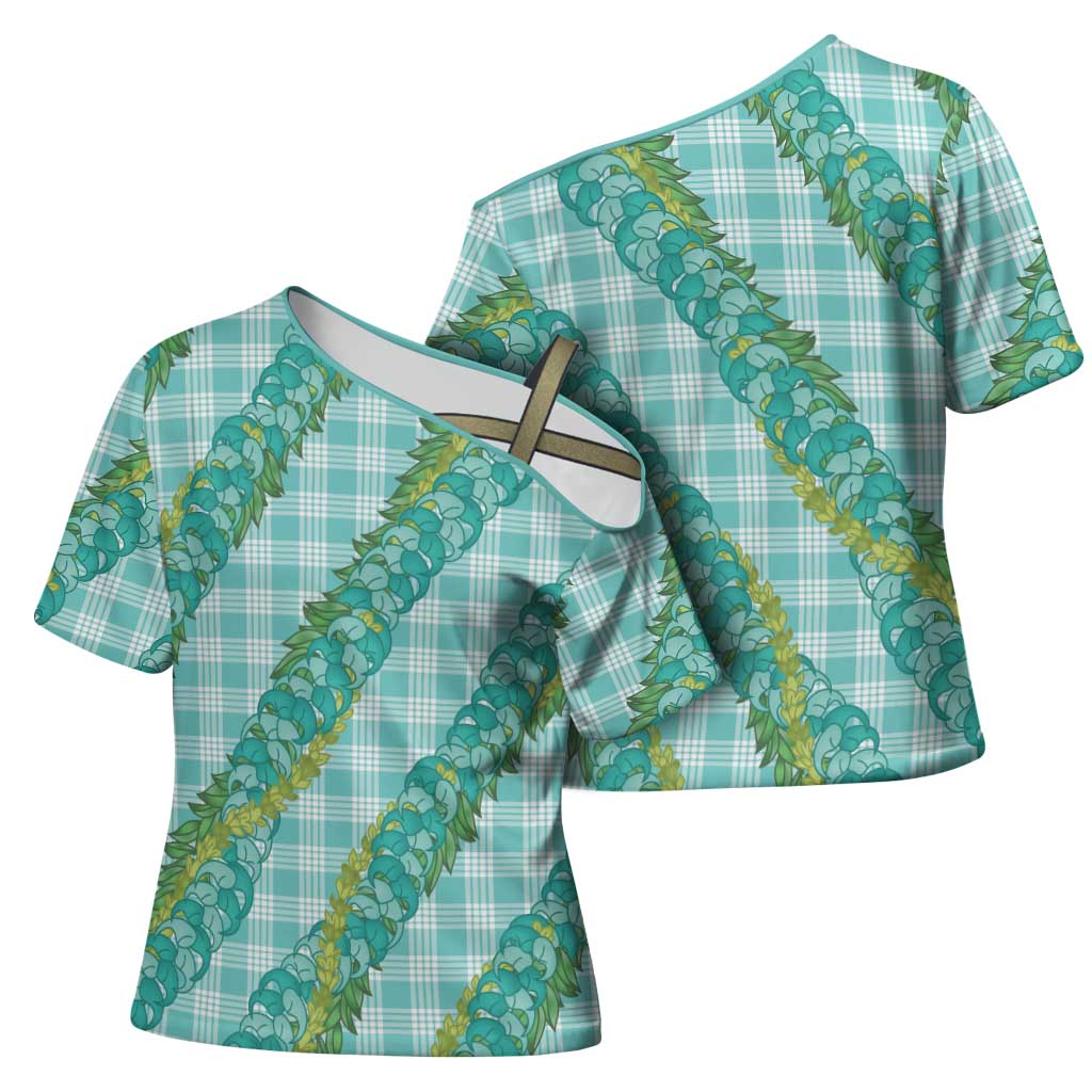 Hawaii Jade Vine Lei Cross Shoulder Shirt Aloha Palaka Motif - Turquoise - Polynesian Pride