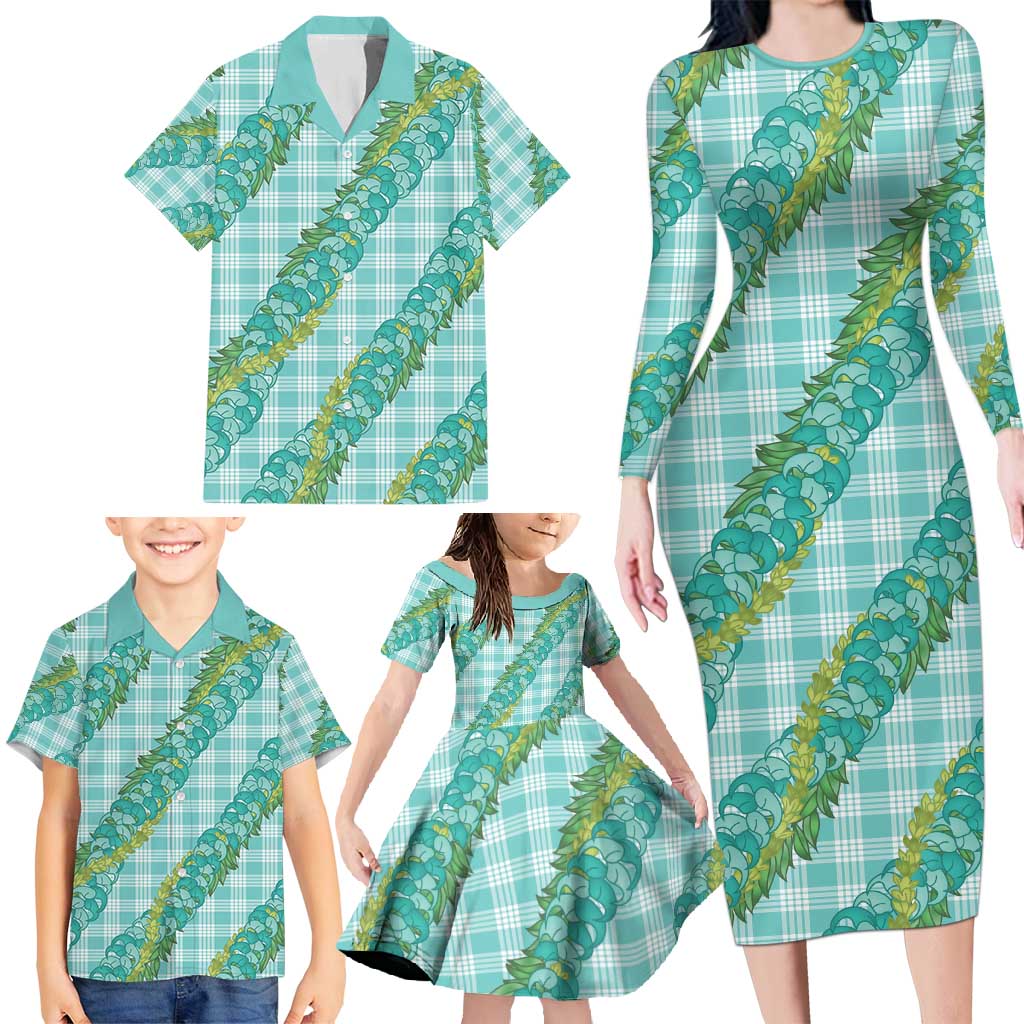 Hawaii Jade Vine Lei Family Matching Long Sleeve Bodycon Dress and Hawaiian Shirt Aloha Palaka Motif - Turquoise - Polynesian Pride