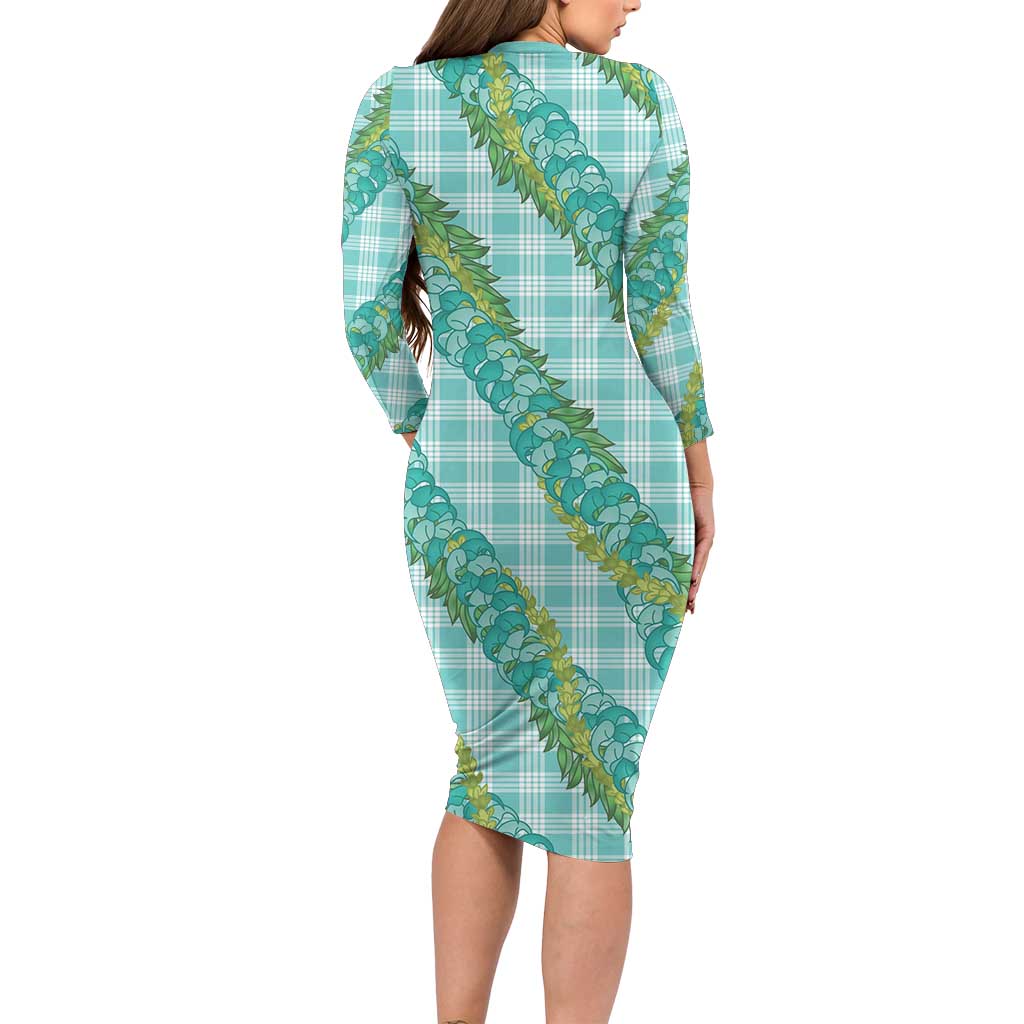 Hawaii Jade Vine Lei Family Matching Long Sleeve Bodycon Dress and Hawaiian Shirt Aloha Palaka Motif - Turquoise - Polynesian Pride