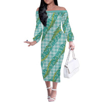Hawaii Jade Vine Lei Family Matching Off The Shoulder Long Sleeve Dress and Hawaiian Shirt Aloha Palaka Motif - Turquoise - Polynesian Pride