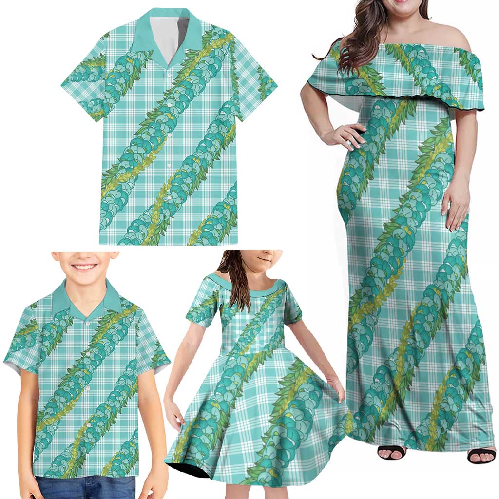Hawaii Jade Vine Lei Family Matching Off Shoulder Maxi Dress and Hawaiian Shirt Aloha Palaka Motif - Turquoise - Polynesian Pride