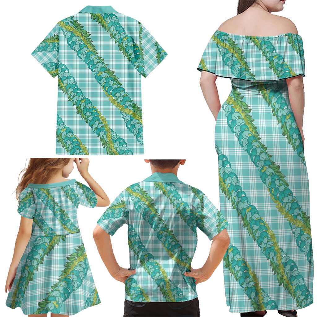 Hawaii Jade Vine Lei Family Matching Off Shoulder Maxi Dress and Hawaiian Shirt Aloha Palaka Motif - Turquoise - Polynesian Pride