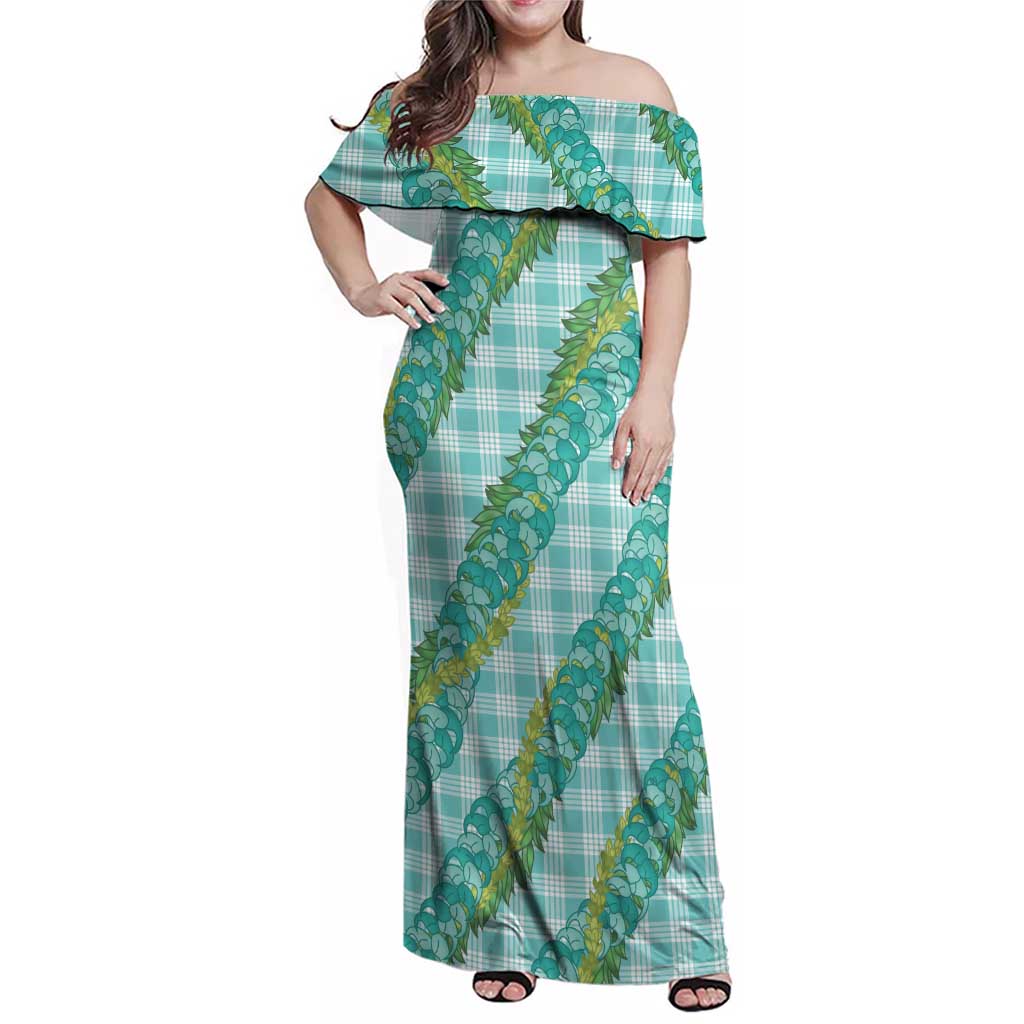 Hawaii Jade Vine Lei Family Matching Off Shoulder Maxi Dress and Hawaiian Shirt Aloha Palaka Motif - Turquoise - Polynesian Pride