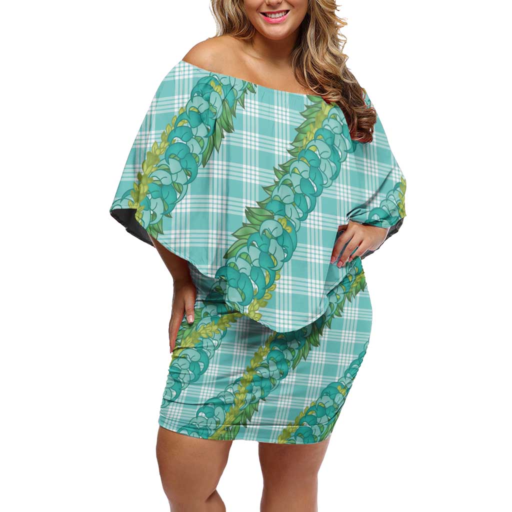 Hawaii Jade Vine Lei Family Matching Off Shoulder Short Dress and Hawaiian Shirt Aloha Palaka Motif - Turquoise - Polynesian Pride