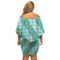 Hawaii Jade Vine Lei Family Matching Off Shoulder Short Dress and Hawaiian Shirt Aloha Palaka Motif - Turquoise - Polynesian Pride