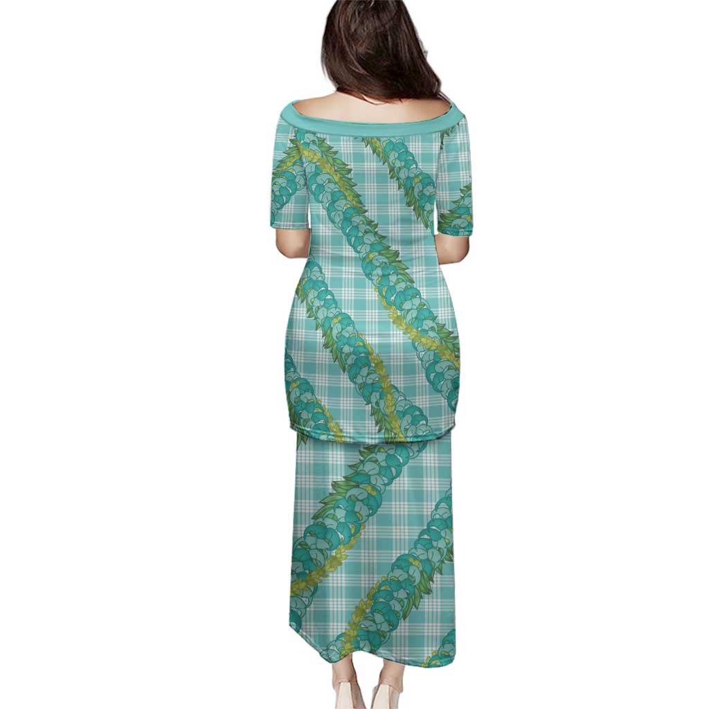 Hawaii Jade Vine Lei Family Matching Puletasi and Hawaiian Shirt Aloha Palaka Motif - Turquoise - Polynesian Pride