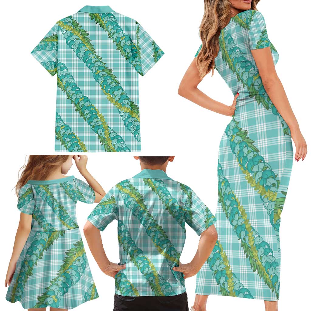 Hawaii Jade Vine Lei Family Matching Short Sleeve Bodycon Dress and Hawaiian Shirt Aloha Palaka Motif - Turquoise - Polynesian Pride