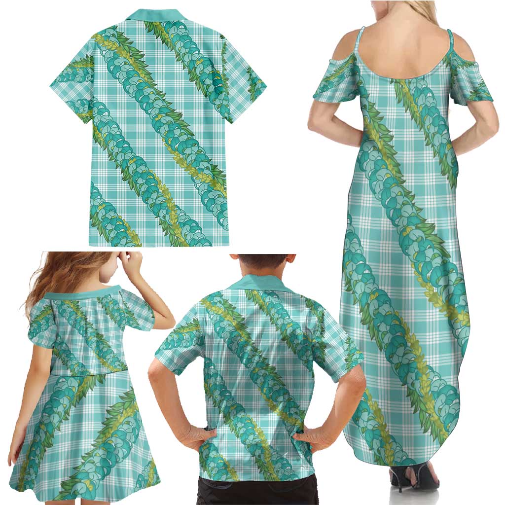Hawaii Jade Vine Lei Family Matching Summer Maxi Dress and Hawaiian Shirt Aloha Palaka Motif - Turquoise - Polynesian Pride