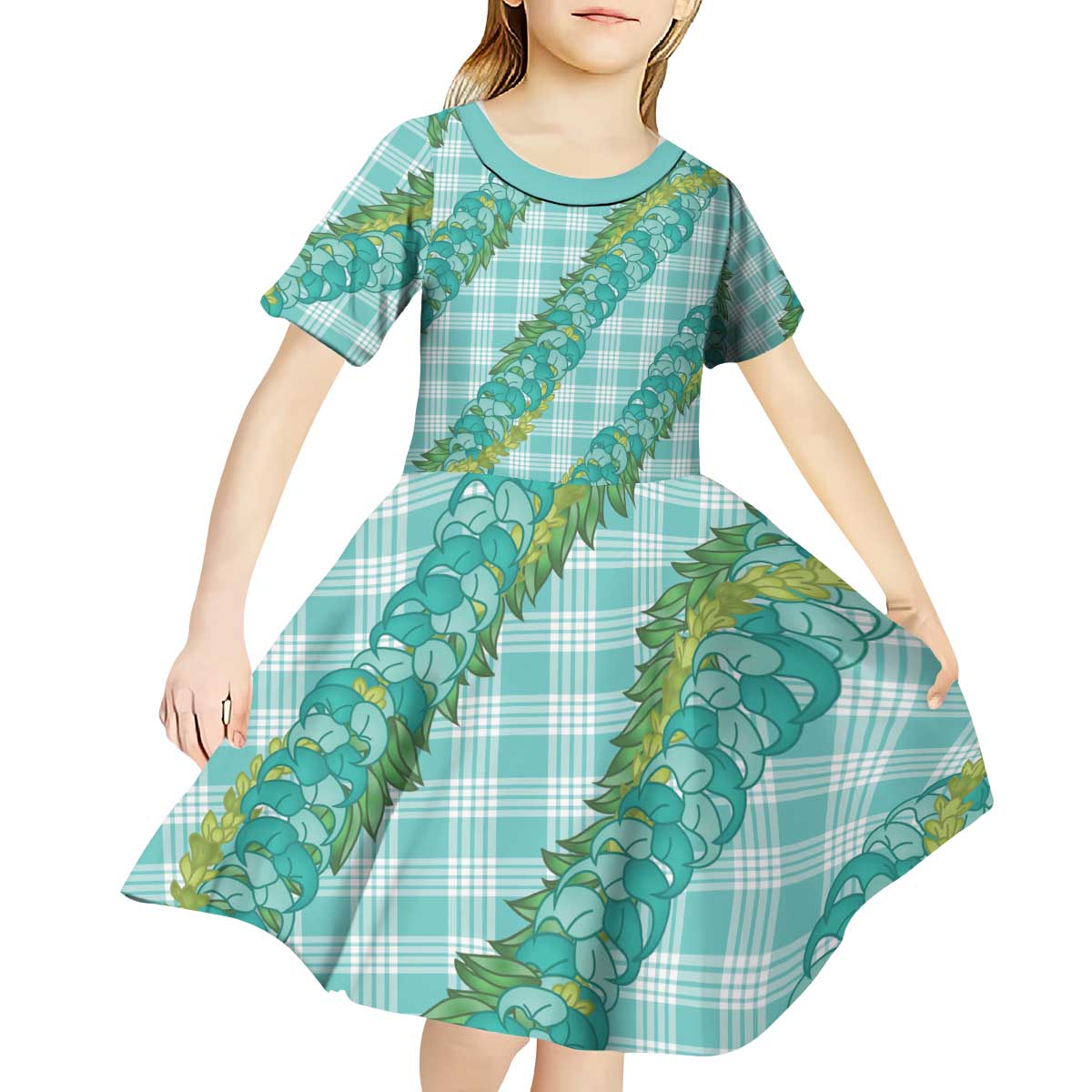 Hawaii Jade Vine Lei Kid Short Sleeve Dress Aloha Palaka Motif - Turquoise - Polynesian Pride