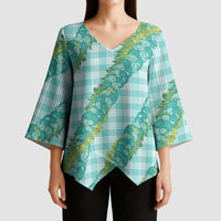 Hawaii Jade Vine Lei Kimono Sleeve Blouse Aloha Palaka Motif - Turquoise - Polynesian Pride