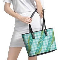 Hawaii Jade Vine Lei Leather Tote Bag Aloha Palaka Motif - Turquoise - Polynesian Pride