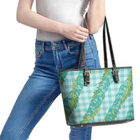 Hawaii Jade Vine Lei Leather Tote Bag Aloha Palaka Motif - Turquoise - Polynesian Pride