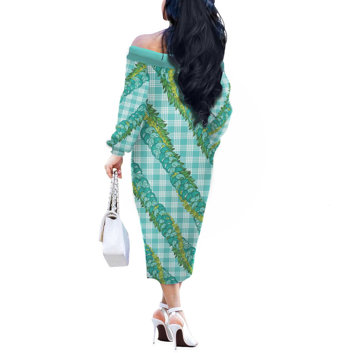 Hawaii Jade Vine Lei Off The Shoulder Long Sleeve Dress Aloha Palaka Motif - Turquoise - Polynesian Pride