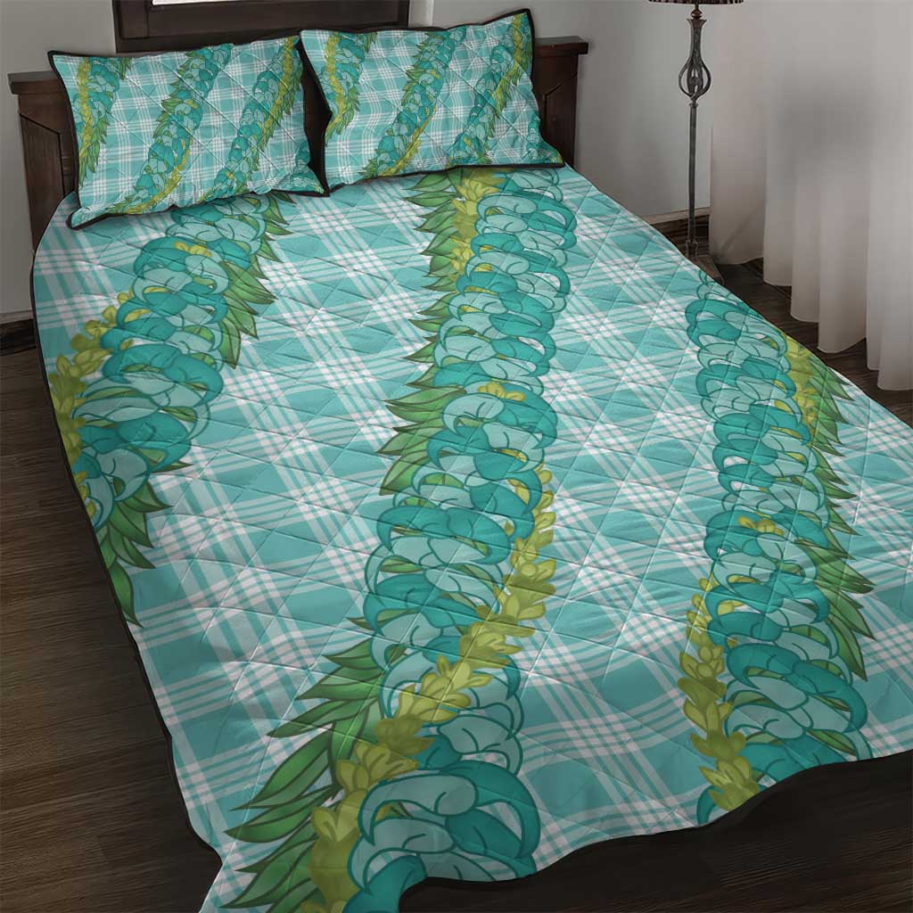Hawaii Jade Vine Lei Quilt Bed Set Aloha Palaka Motif - Turquoise - Polynesian Pride