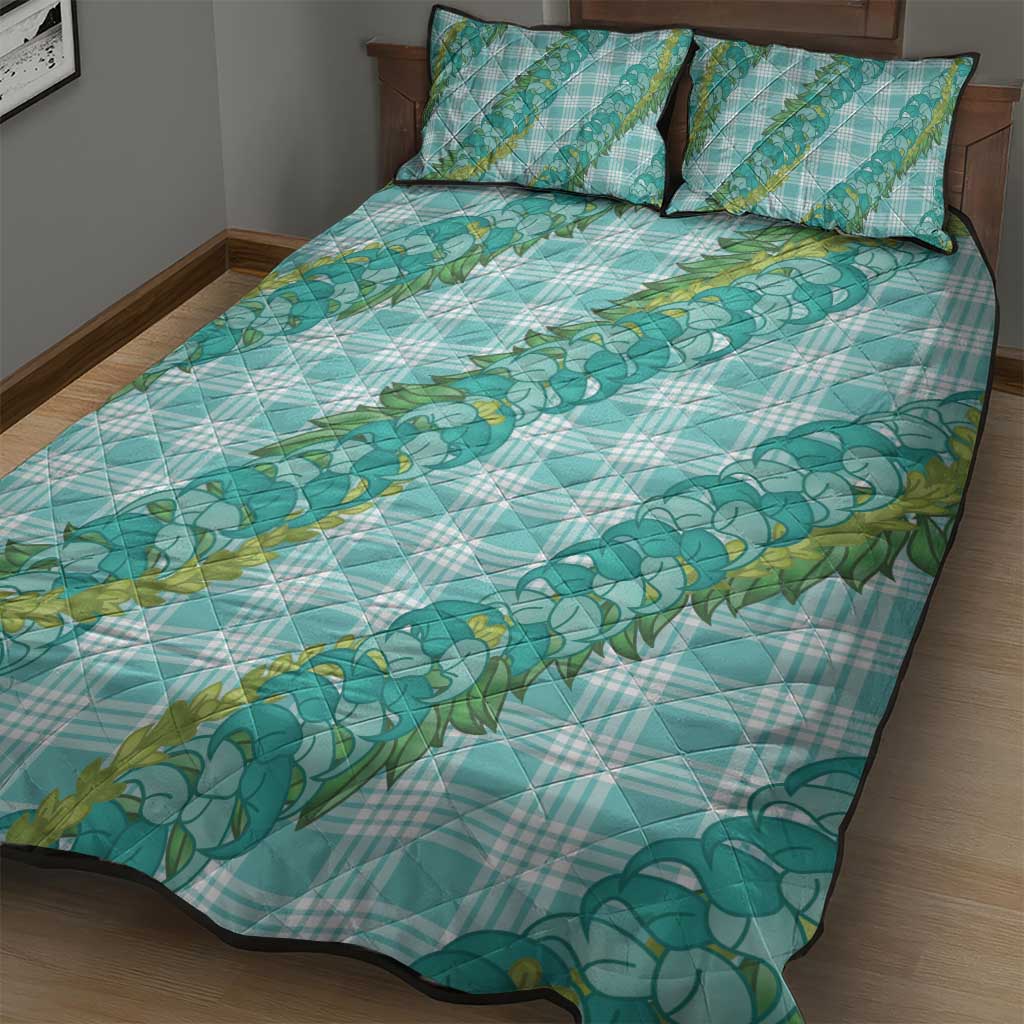 Hawaii Jade Vine Lei Quilt Bed Set Aloha Palaka Motif - Turquoise - Polynesian Pride