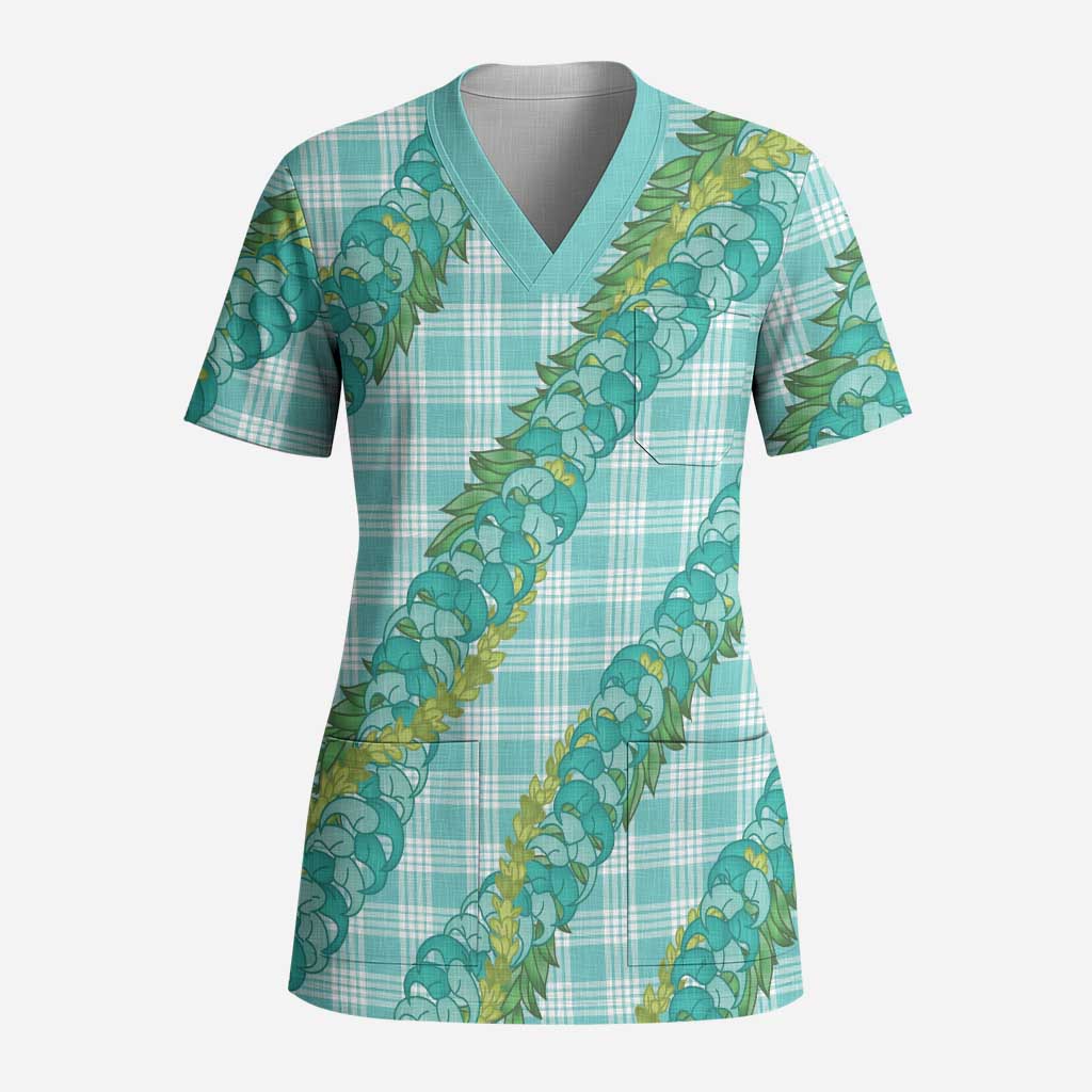 Hawaii Jade Vine Lei Scrub Top Aloha Palaka Motif - Turquoise - Polynesian Pride