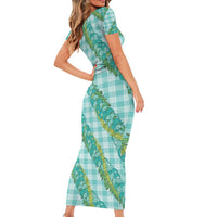 Hawaii Jade Vine Lei Short Sleeve Bodycon Dress Aloha Palaka Motif - Turquoise - Polynesian Pride