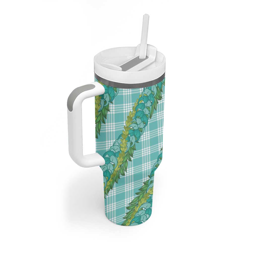 Hawaii Jade Vine Lei Tumbler With Handle Aloha Palaka Motif - Turquoise - Polynesian Pride