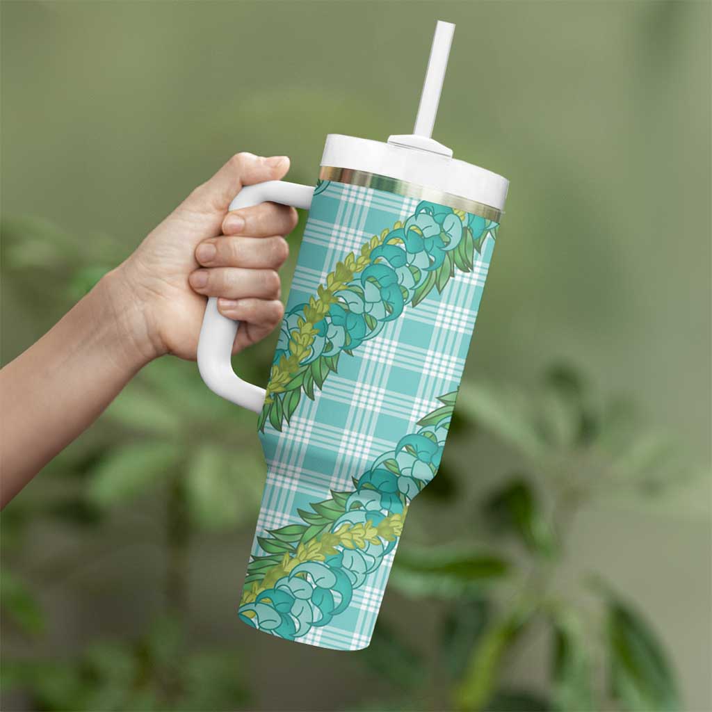 Hawaii Jade Vine Lei Tumbler With Handle Aloha Palaka Motif - Turquoise - Polynesian Pride