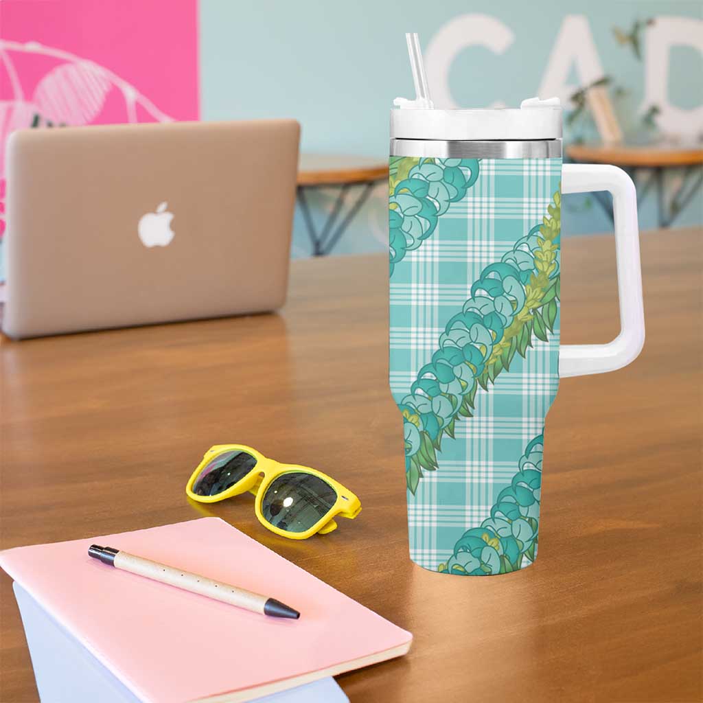 Hawaii Jade Vine Lei Tumbler With Handle Aloha Palaka Motif - Turquoise - Polynesian Pride