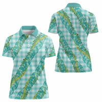 Hawaii Jade Vine Lei Women Polo Shirt Aloha Palaka Motif - Turquoise - Polynesian Pride
