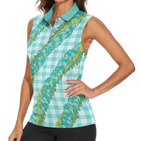 Hawaii Jade Vine Lei Women Sleeveless Polo Shirt Aloha Palaka Motif - Turquoise - Polynesian Pride