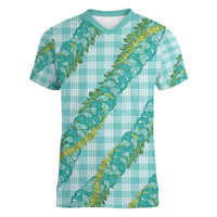 Hawaii Jade Vine Lei Women V-Neck T-Shirt Aloha Palaka Motif - Turquoise - Polynesian Pride
