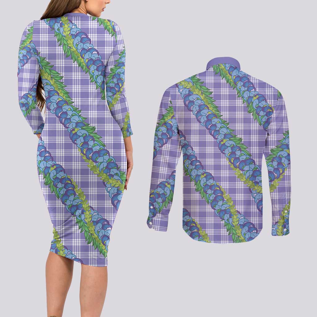 Hawaii Jade Vine Lei Couples Matching Long Sleeve Bodycon Dress and Long Sleeve Button Shirt Aloha Palaka Motif - Purple - Polynesian Pride