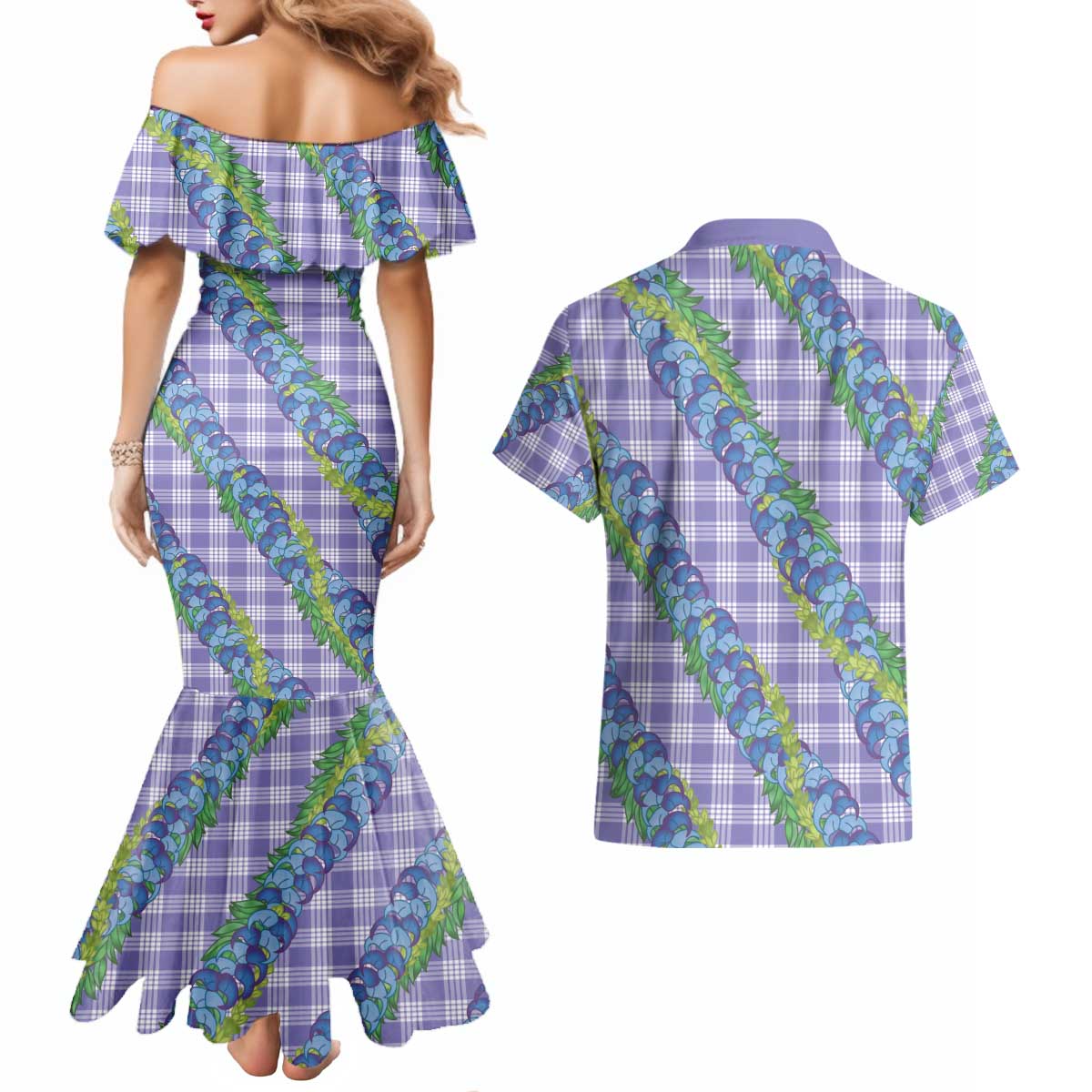 Hawaii Jade Vine Lei Couples Matching Mermaid Dress and Hawaiian Shirt Aloha Palaka Motif - Purple - Polynesian Pride