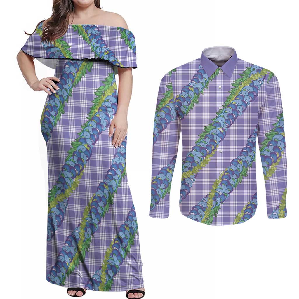 Hawaii Jade Vine Lei Couples Matching Off Shoulder Maxi Dress and Long Sleeve Button Shirt Aloha Palaka Motif - Purple - Polynesian Pride