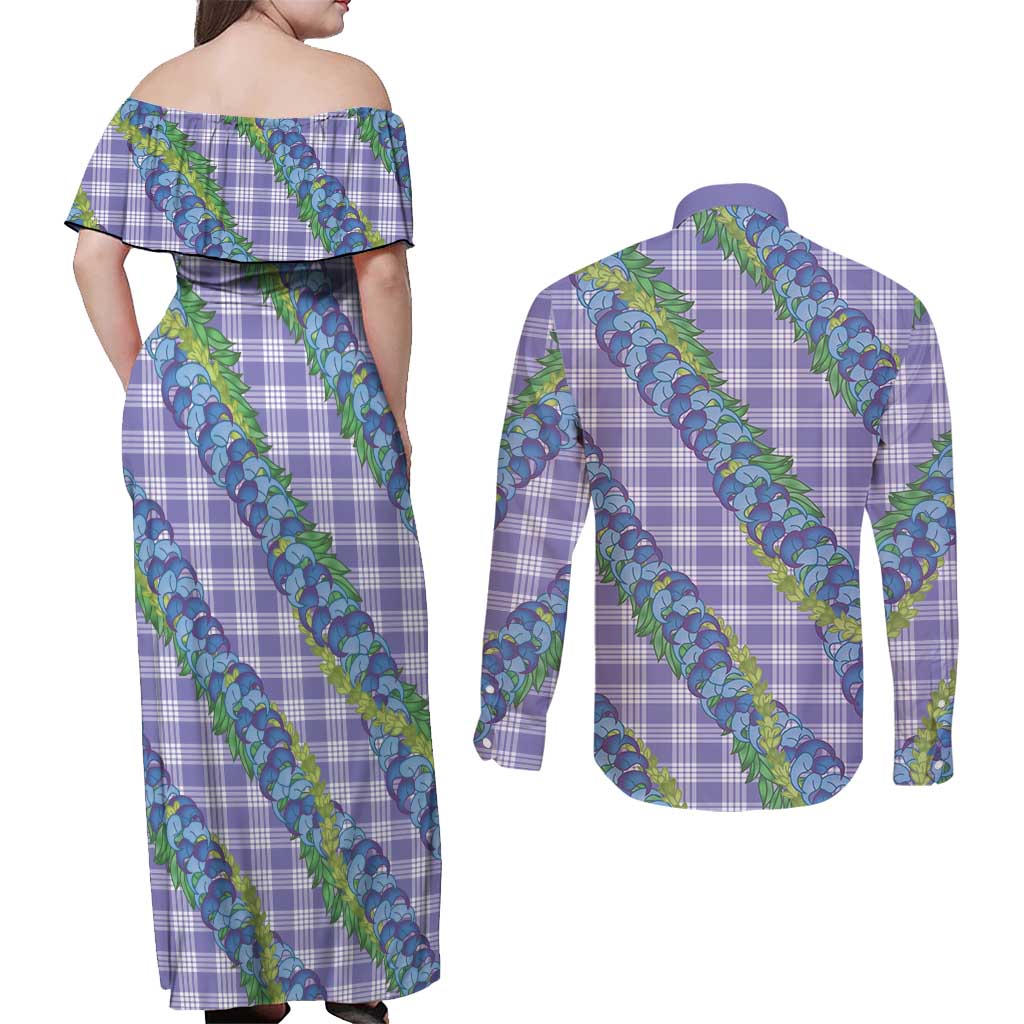 Hawaii Jade Vine Lei Couples Matching Off Shoulder Maxi Dress and Long Sleeve Button Shirt Aloha Palaka Motif - Purple - Polynesian Pride