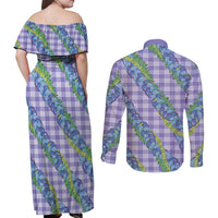Hawaii Jade Vine Lei Couples Matching Off Shoulder Maxi Dress and Long Sleeve Button Shirt Aloha Palaka Motif - Purple - Polynesian Pride