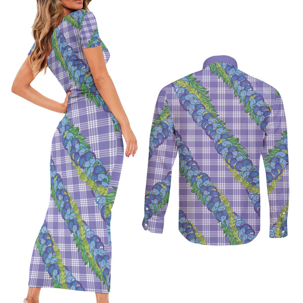 Hawaii Jade Vine Lei Couples Matching Short Sleeve Bodycon Dress and Long Sleeve Button Shirt Aloha Palaka Motif - Purple - Polynesian Pride