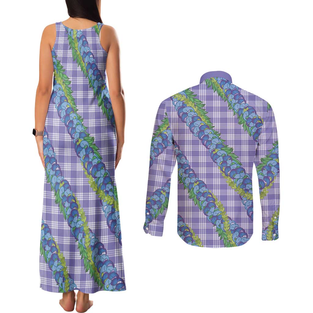 Hawaii Jade Vine Lei Couples Matching Tank Maxi Dress and Long Sleeve Button Shirt Aloha Palaka Motif - Purple - Polynesian Pride