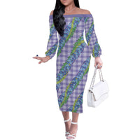 Hawaii Jade Vine Lei Family Matching Off The Shoulder Long Sleeve Dress and Hawaiian Shirt Aloha Palaka Motif - Purple - Polynesian Pride