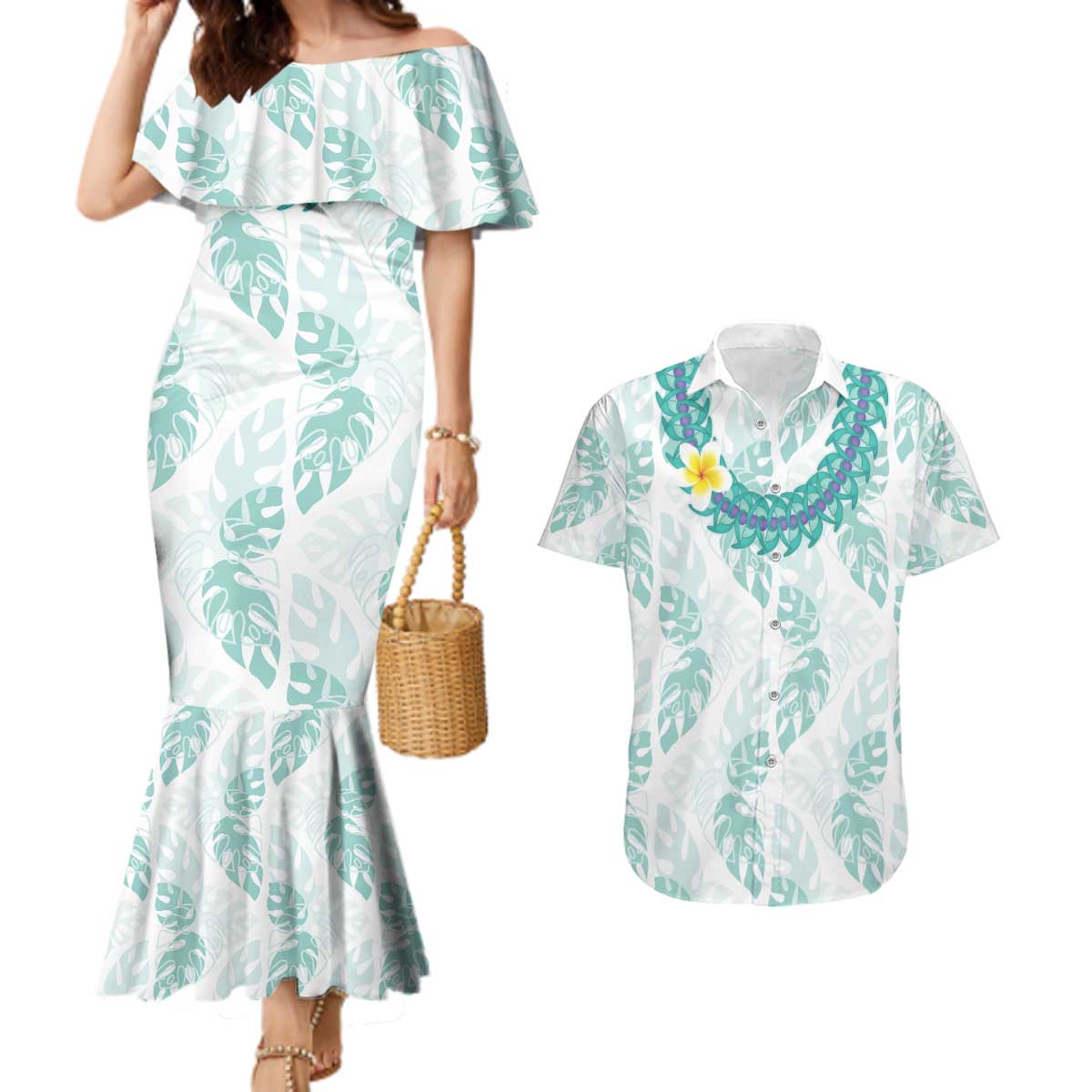 Jade Vine Lei Hawaii Couples Matching Mermaid Dress and Hawaiian Shirt Aloha Seamless Tropical Leaves - Polynesian Pride
