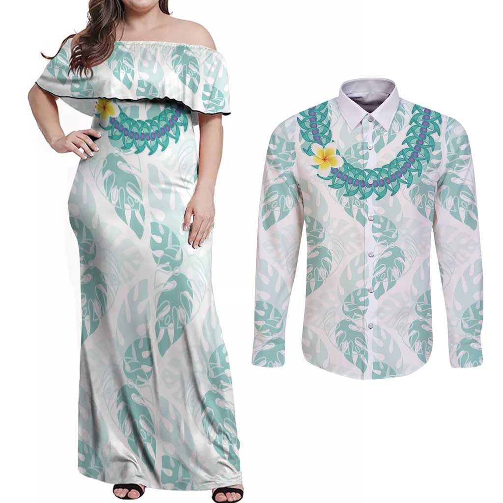 Jade Vine Lei Hawaii Couples Matching Off Shoulder Maxi Dress and Long Sleeve Button Shirt Aloha Seamless Tropical Leaves - Polynesian Pride