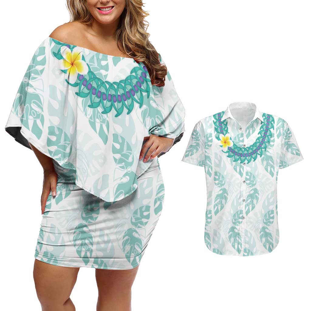 Jade Vine Lei Hawaii Couples Matching Off Shoulder Short Dress and Hawaiian Shirt Aloha Seamless Tropical Leaves - Polynesian Pride