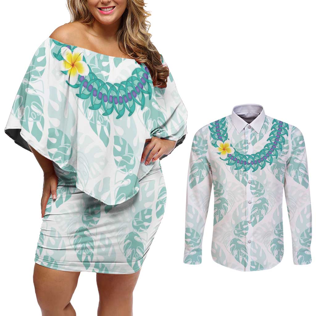 Jade Vine Lei Hawaii Couples Matching Off Shoulder Short Dress and Long Sleeve Button Shirt Aloha Seamless Tropical Leaves - Polynesian Pride