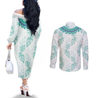 Jade Vine Lei Hawaii Couples Matching Off The Shoulder Long Sleeve Dress and Long Sleeve Button Shirt Aloha Seamless Tropical Leaves - Polynesian Pride